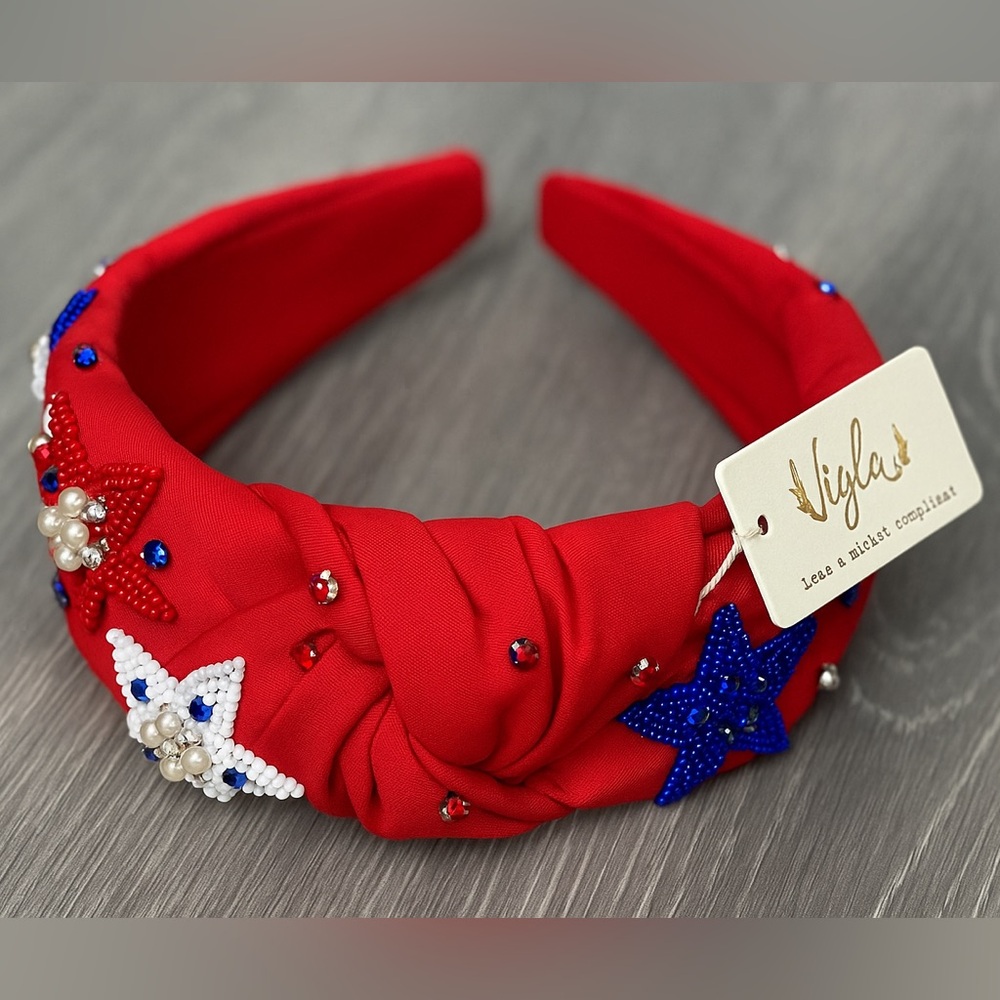 Vigla Red Beaded Knot Headband | Star Embellished Patriotic Design | NWT